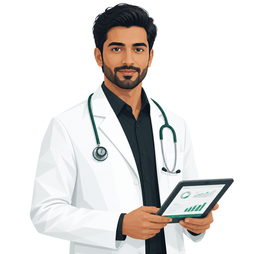 Dr. Dev, the Devlynks business performance doctor, holding a tablet with an operations dashboard