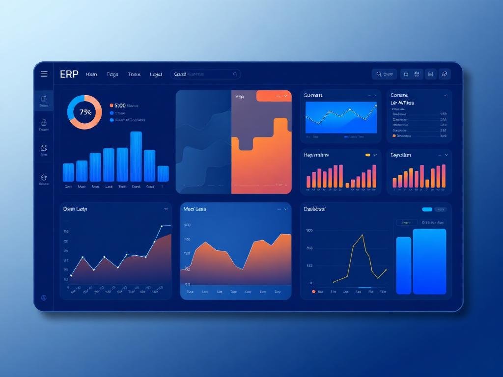 ERP analytics dashboard mockup with blue charts and KPI tiles
