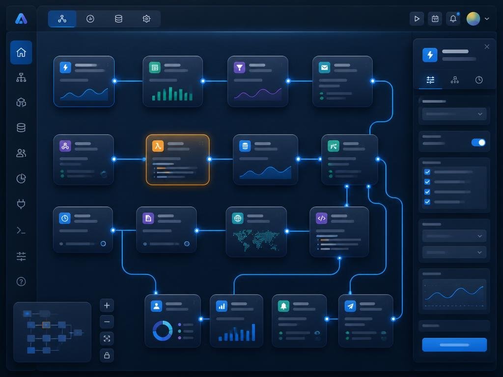 Automation workflow builder mockup connecting triggers, actions, and reports